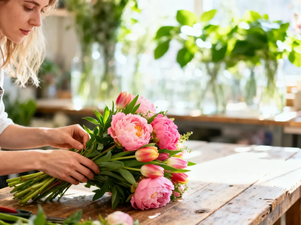 Kobieta układa bukiet świeżych piwonii i tulipanów na drewnianym stole w słonecznej pracowni florystycznej.