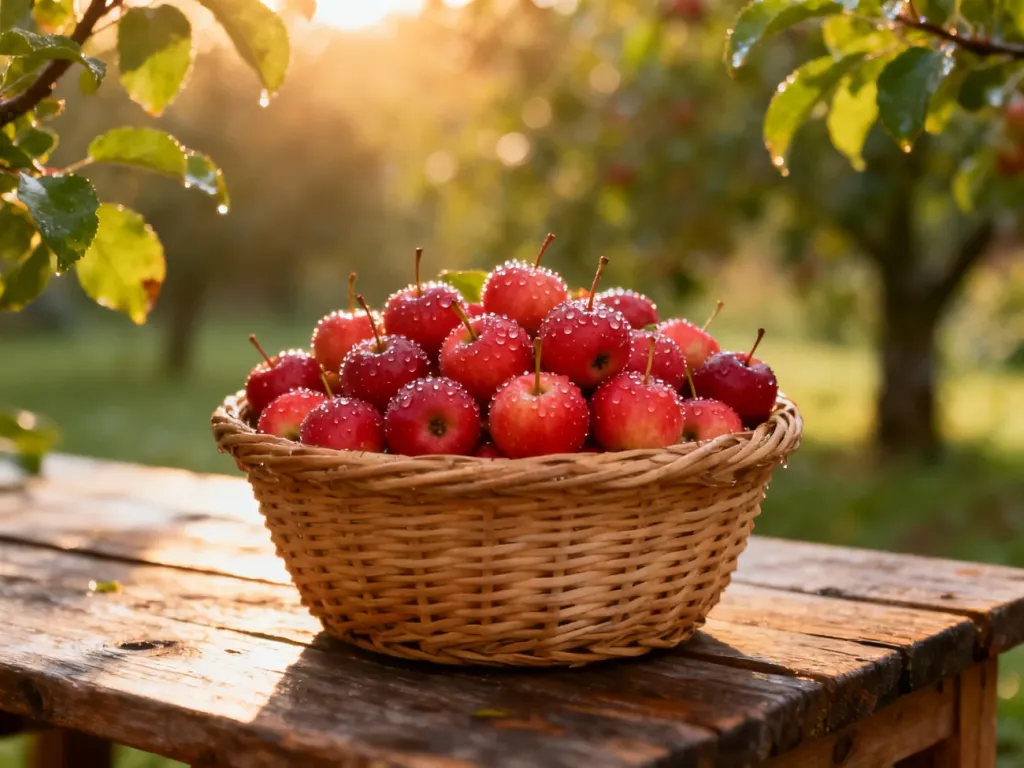 Wiklinowy kosz pełen świeżych, czerwonych rajskich jabłuszek z kroplami rosy na rustykalnym stole w słonecznym sadzie.